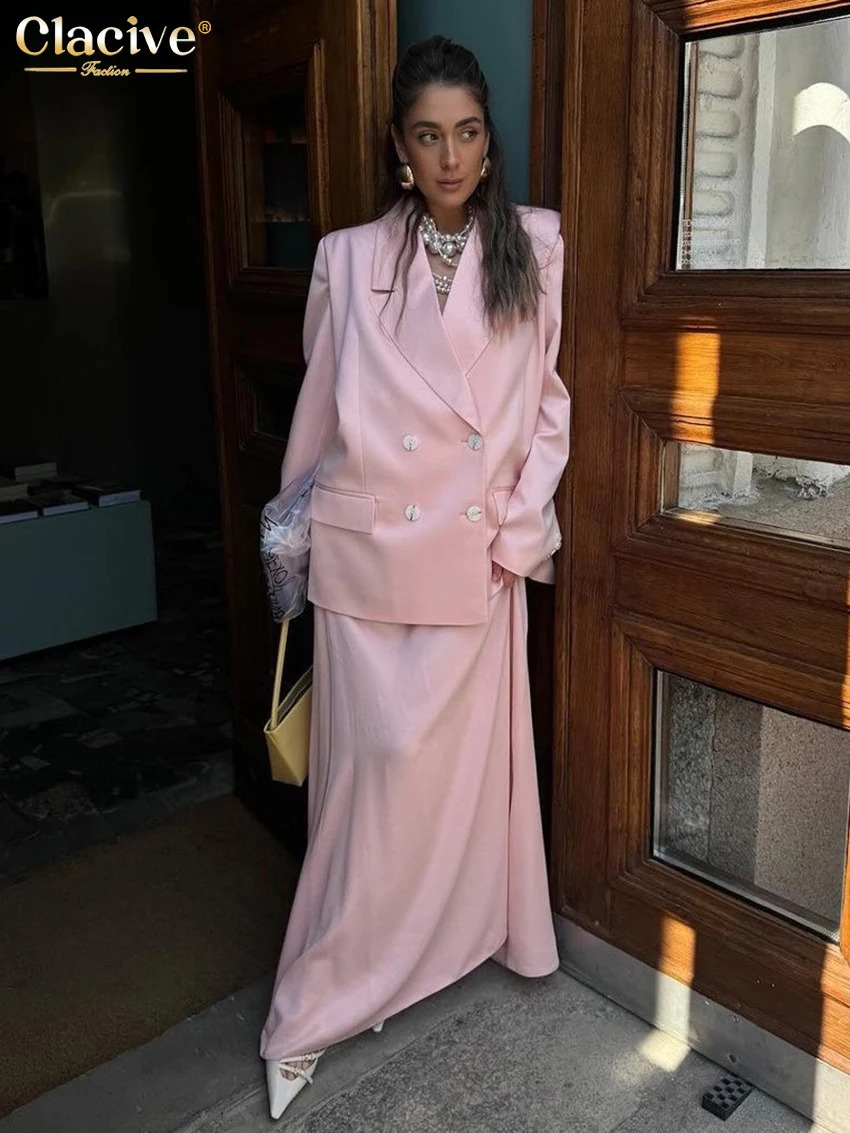 Clacive Fashion Loose Pink Satin Womens Two Pieces Set 2025 Elegant Long Sleeve Blazer With High Waist Maxi Skirt Set Female 250530