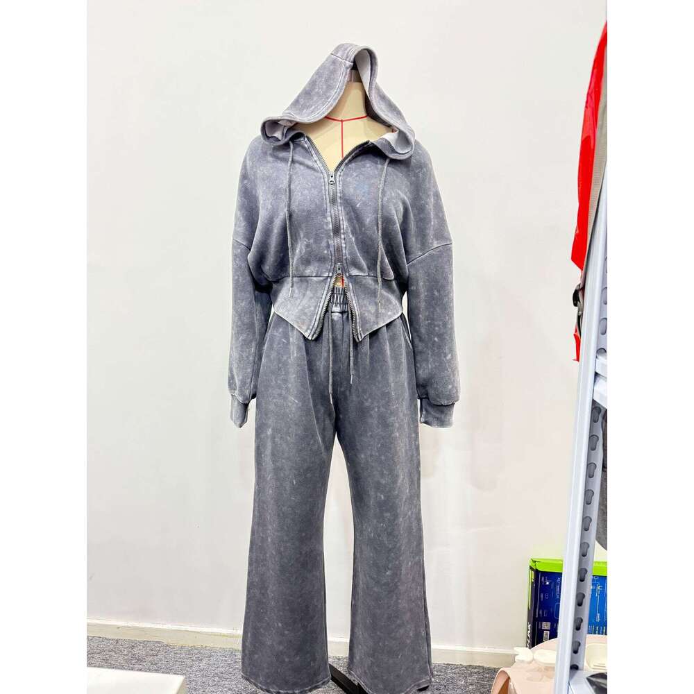 Spring New Washed Vintage Women's Fashion Short Hoodie Sweatshirt Casual Long Pants Two-Piece Set For Women B5