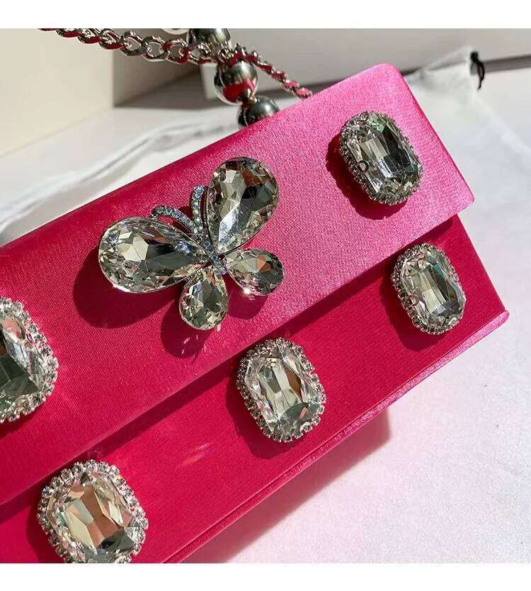 Hot Pink Satin Square Box Beaded Handle Women Handbag Crystal Shiny Dia Evening Wedding Party Clutch Purse Crossbody Bag