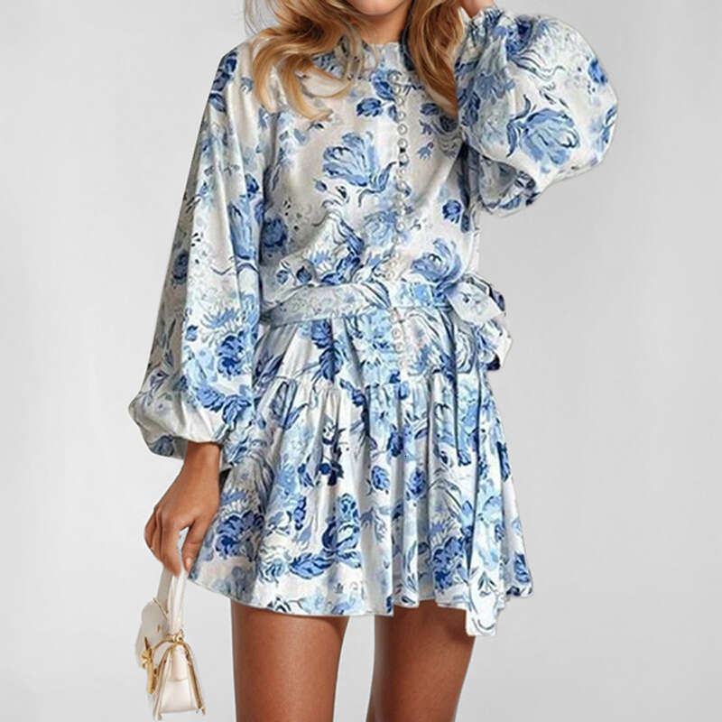 women's fashionable long-sleeved lace-up Chinese printed European American dress 2025 new style chic and elegant clothing