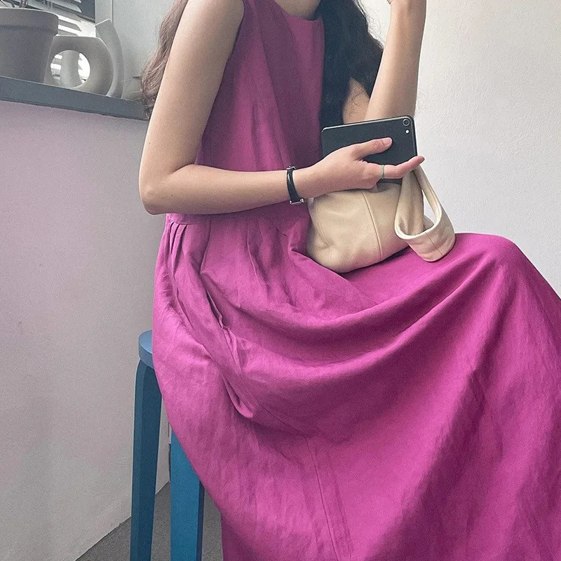 Cotton Linen Sleeveless Dresses Woman Clothing Loose Solar O-Neck Long Dress Ladies Casual Robes Y2k Colors Summer Sundress 250529