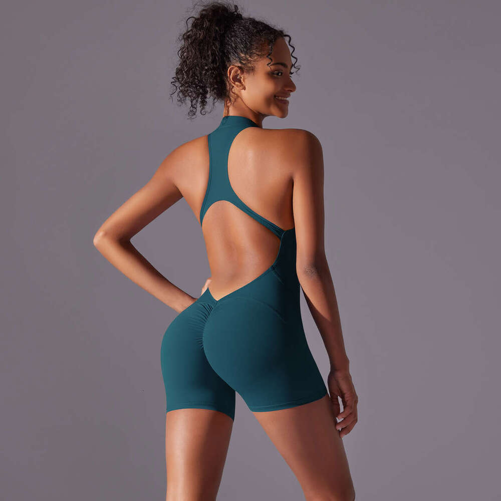 High intensity exercise back yoga suit, quick drying pleated hip lifting tight fitting zipper nude fiess jumpsuit, 2025 new casual versatile fashion c