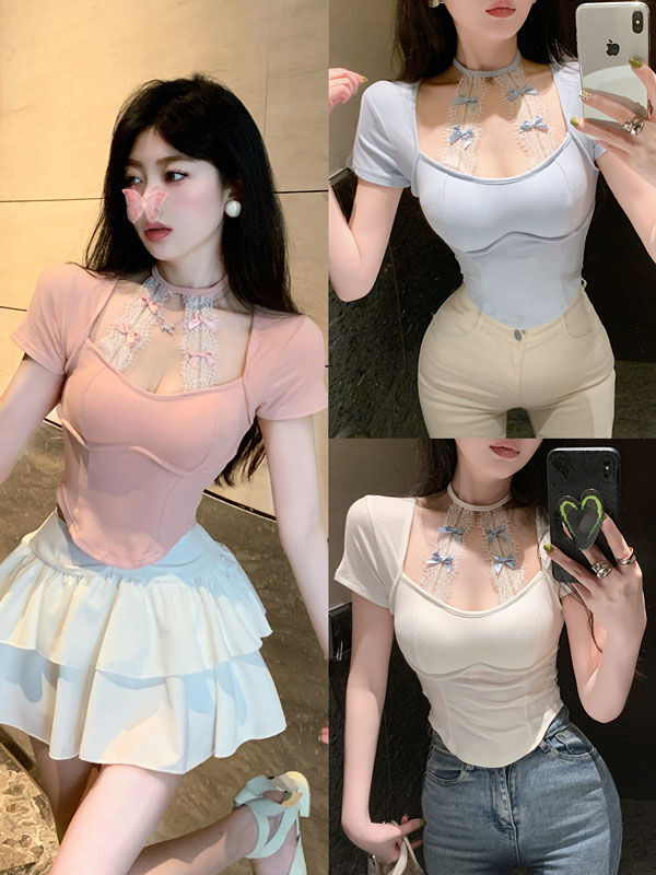 2025 new spring and summer women's T-shirt new suspender design lace bow short sleeved basic shirt women's summer slim fit designer spicy gi