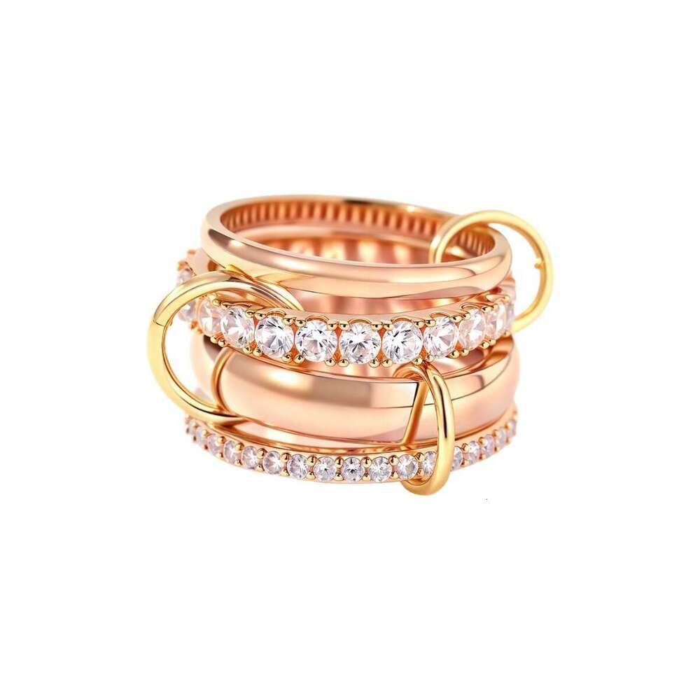 Gold-Plated Copper Four-Ring Stacking Ring with Cubic Zirconia Inlay Jewelry