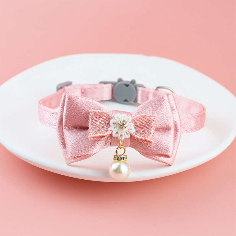 Fairy Pink Lace Bowknot Beaded Cat Collar Bell Pet Supplies