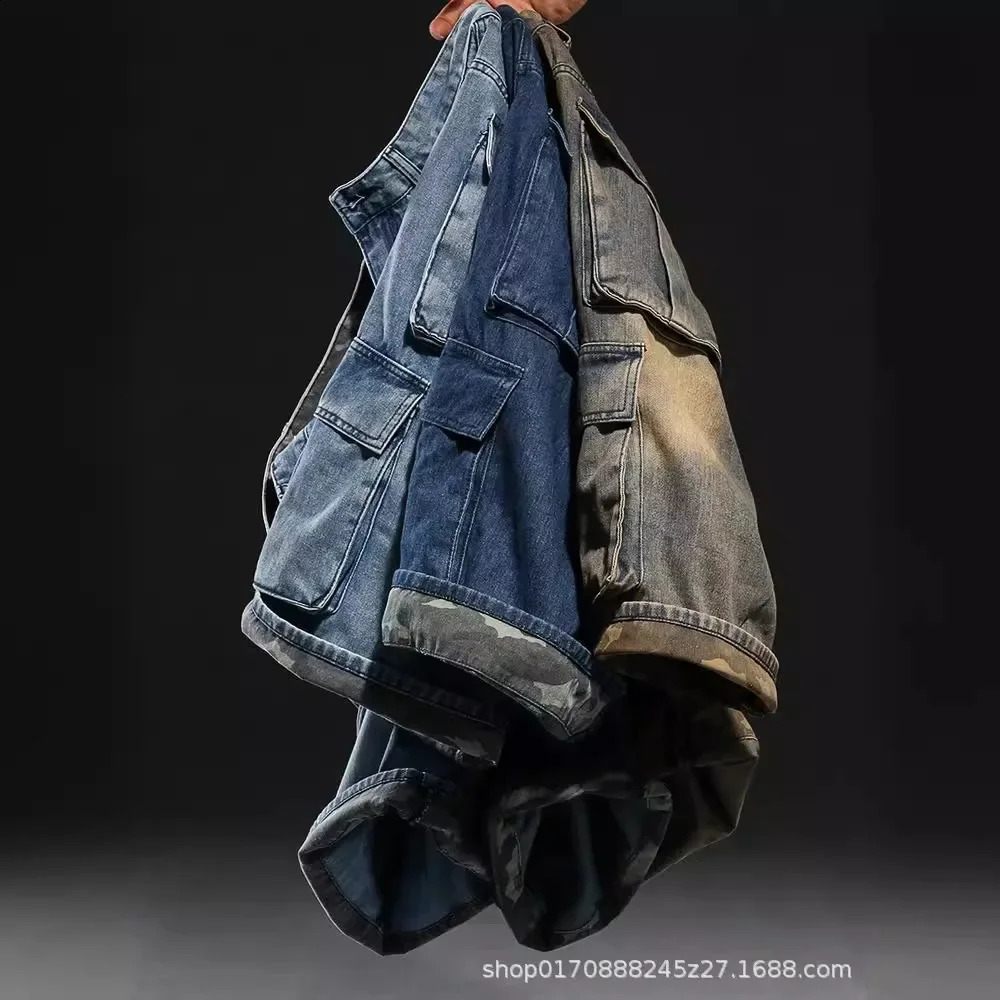 American Style Loose-Fit Denim Shorts With Multiple Pockets For Men Wide-Leg Casual Hip Hop Pants Plus Size Camouflage Edge Trim 250530