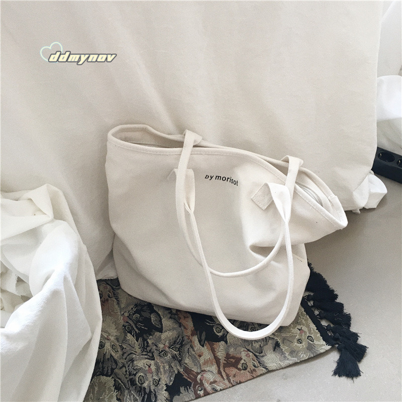 Korean New Versatile Large Capacity Letter Zipper Canvas Minimalist Style Women's Shoulder Casual Tote Bag ddmynov