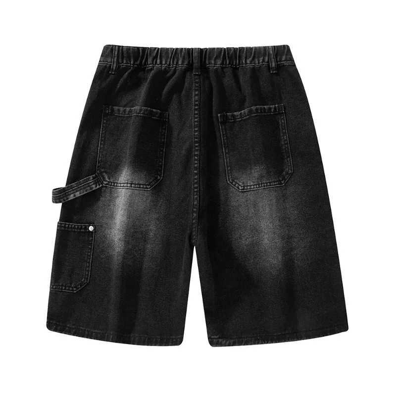 Fashion Streetwear Mens Denim Shorts Summer Loose Vintage Harajuku Splicing Hip-hop Cargo Moto Short Jeans Black Blue T250603