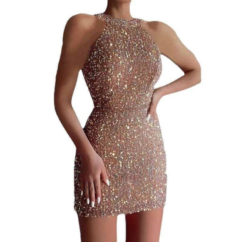European and American fashionable neck hanging sexy crystal tassel wrapped hip sequin mid waist evening dress 2025 new casual fashion trend clothing