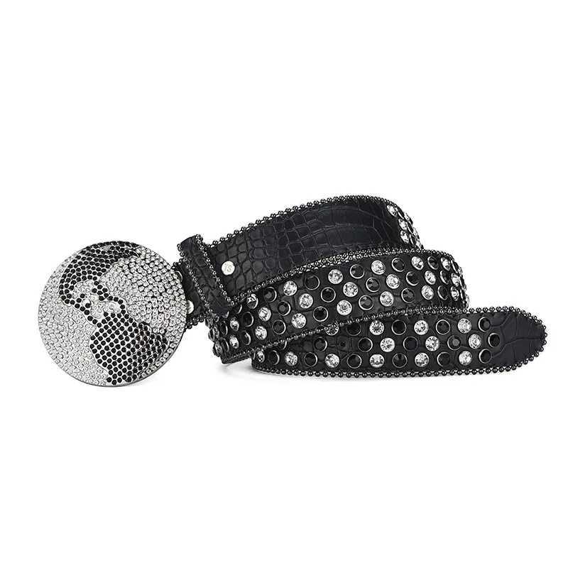Western Leather Belt BlingBling Diamond Round Buckle Water Crystal Diamond Belt Punk Style Unisex PU Synthetic Belt XJ250602