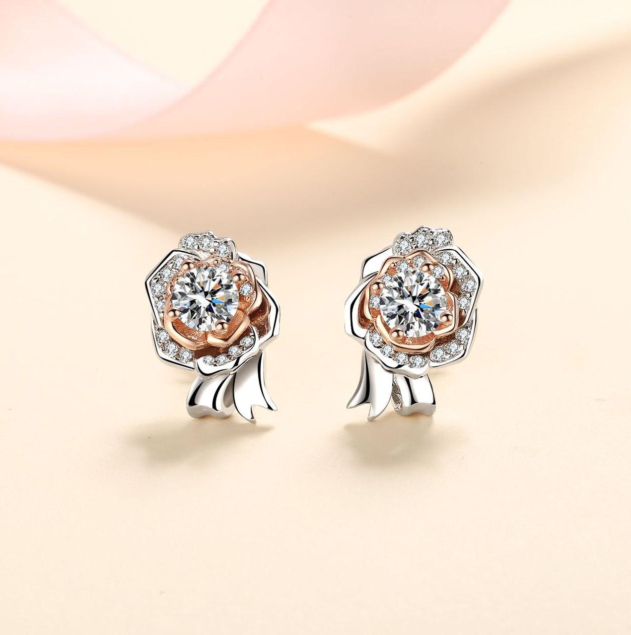 S925 Silver Rose Earrings with Moissanite Stone, Elegant Cold Style Jewelry, Perfect for Daily Wear, Simulated Diamond, Chic Design, Wholesale Availab