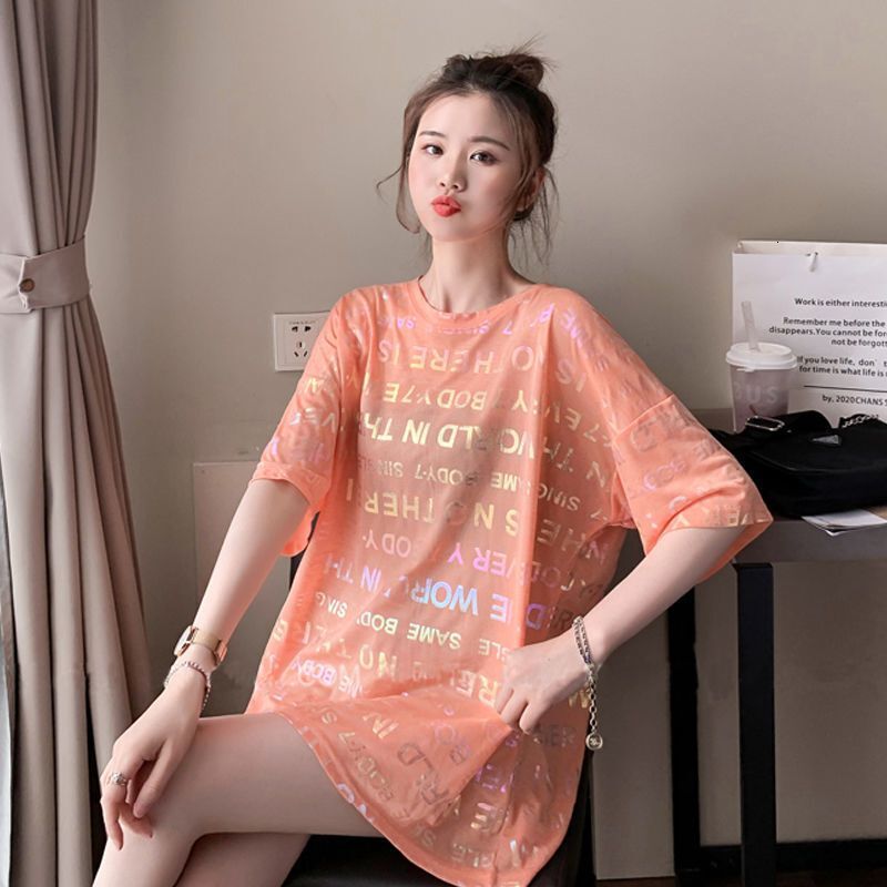 2025 Summer New Women's T-shirt New Women's Shiny Letter Printed T-shirt Summer Thin Short sleeved Top Hollow Designer Round Neck Loose Medi