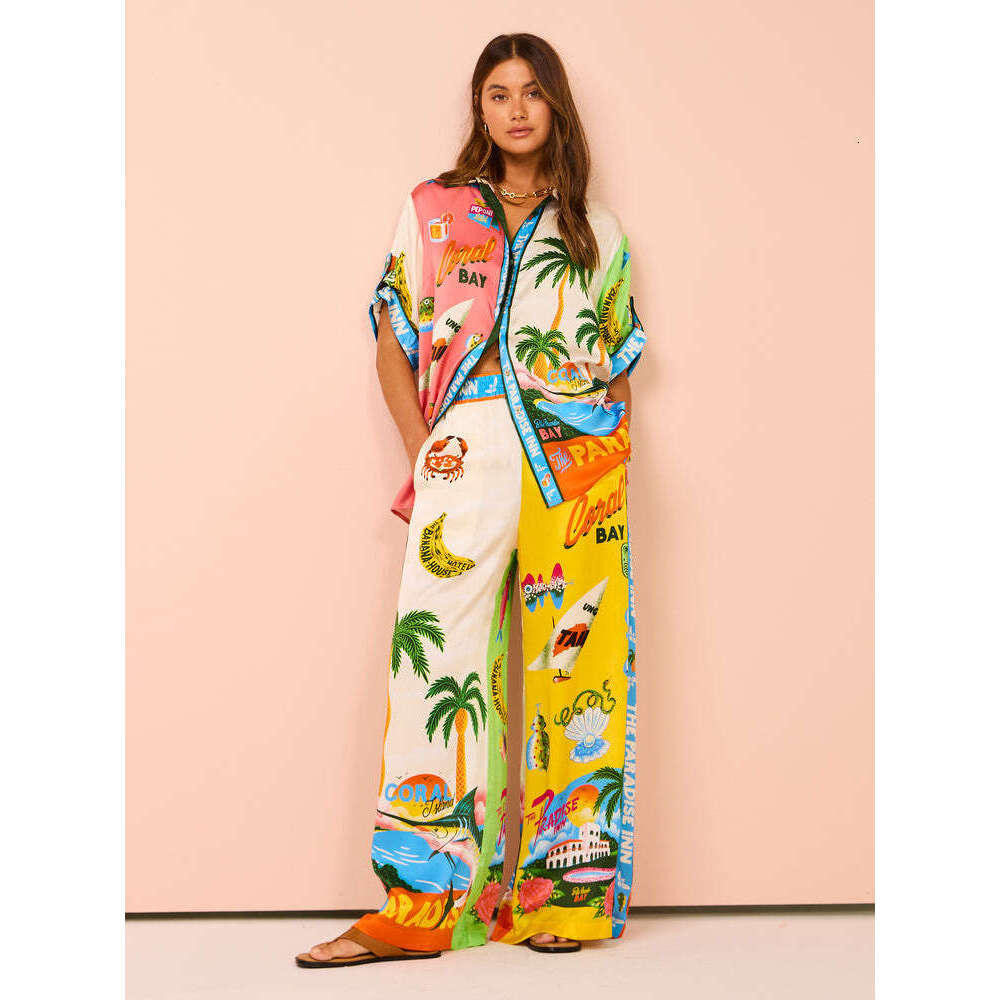Women's Fashion New Printed Elastic Waist Pocket Wide Leg Pants Casual Set For Summer B5