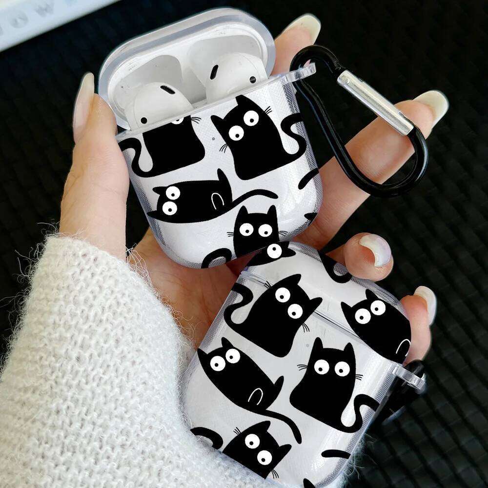 Cute Black Cat Design Pro 2/Pro TPU Earbuds Case For 4 2024 3 1 2 Gen Cover with Keychain Accessory