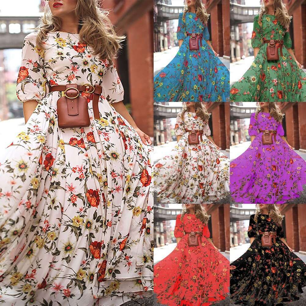 Spring New Women's Printed Flared Slim Fit Fashion Long Dress B5