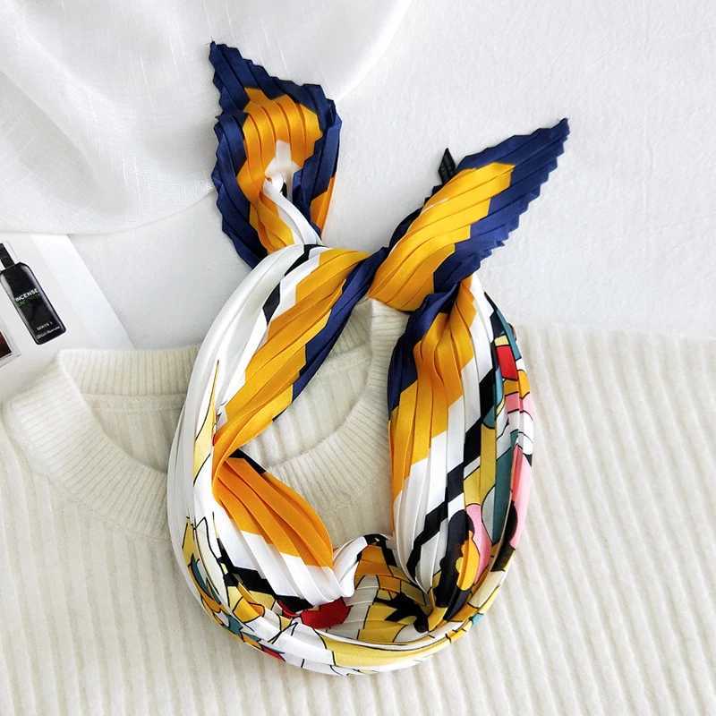 2025 TOP 70CM Pleated Small Square Scarf Yellow Lemon Printed Ladies Shawl Handmade Scarf Floral Print Silk Neckerchief Bandana W250602