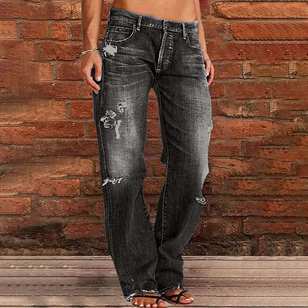 Women's Denim Trendy Distressed Mid-Waist Ripped Casual Straight Long Pants B5