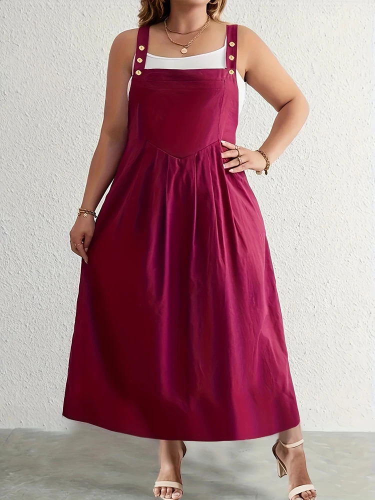 Plus Size Womens Button Shoulder Strap Dress for Casual Wear Solid Colour Summer Choice Polyester 250526