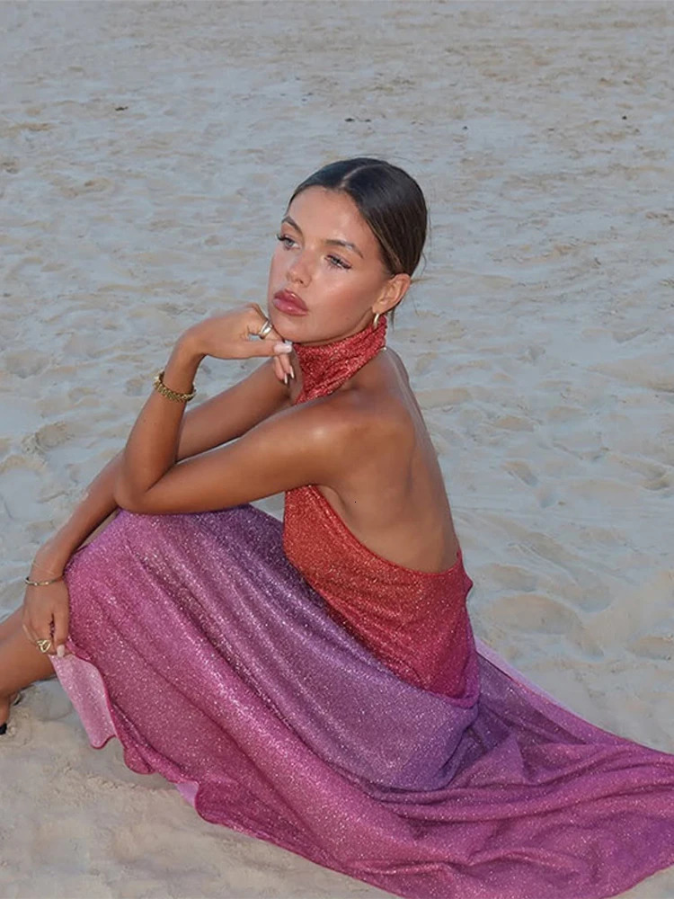 Rainbow Color Backless Halter Dress Women Knitted Sequins Fashion Sleeveless Holiday Dresses Spring Beach Party Lady Robes 250603