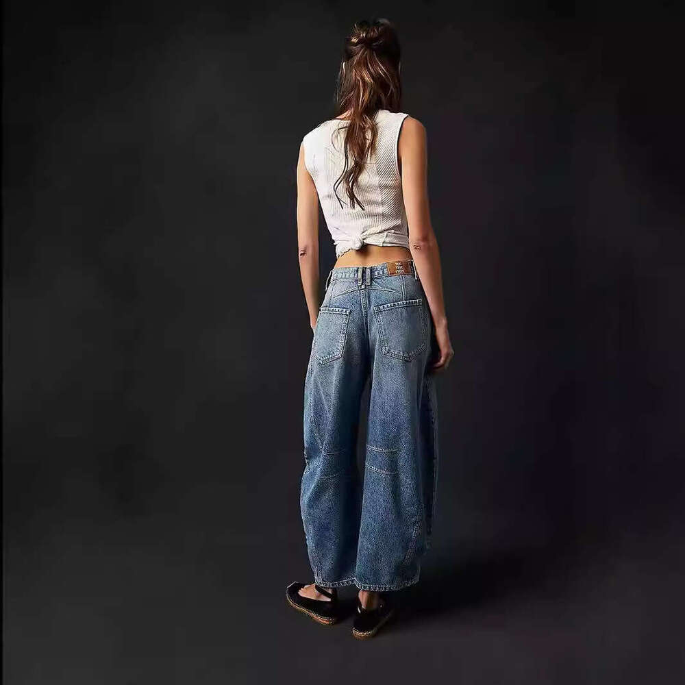 Loose Wide-Leg Mid-Low Waist Washed Denim Long Pants For Women B5