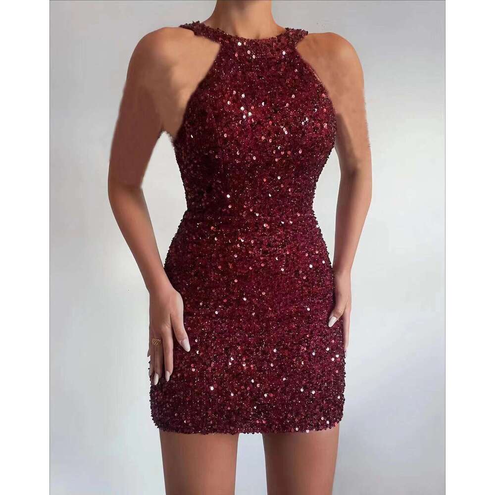 European and American fashionable neck hanging sexy crystal tassel wrapped hip sequin mid waist evening dress 2025 new casual fashion trend clothing