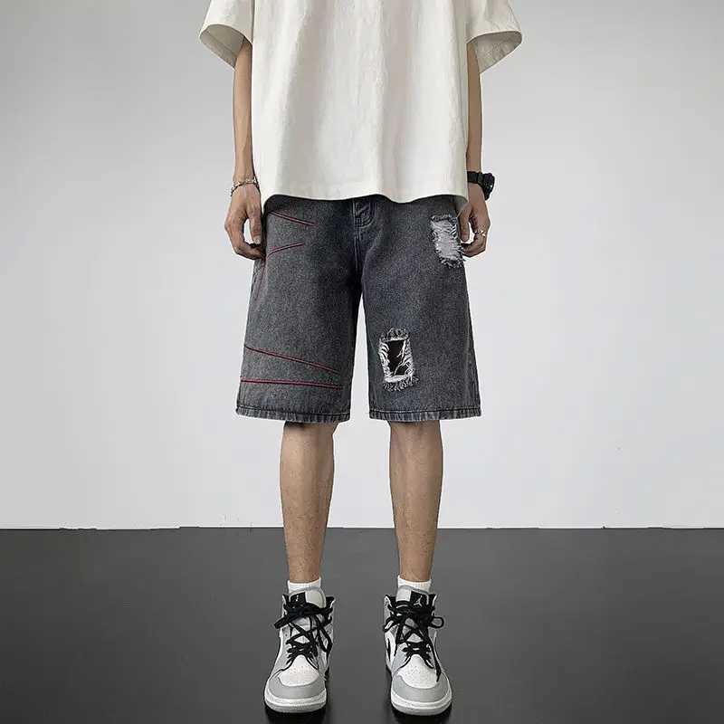 Blue Man Half Denim Shorts Baggy Ripped Short Jeans Pants for Men Vintage Popular XL Streetwear Summer Retro Distressed Designer T250603