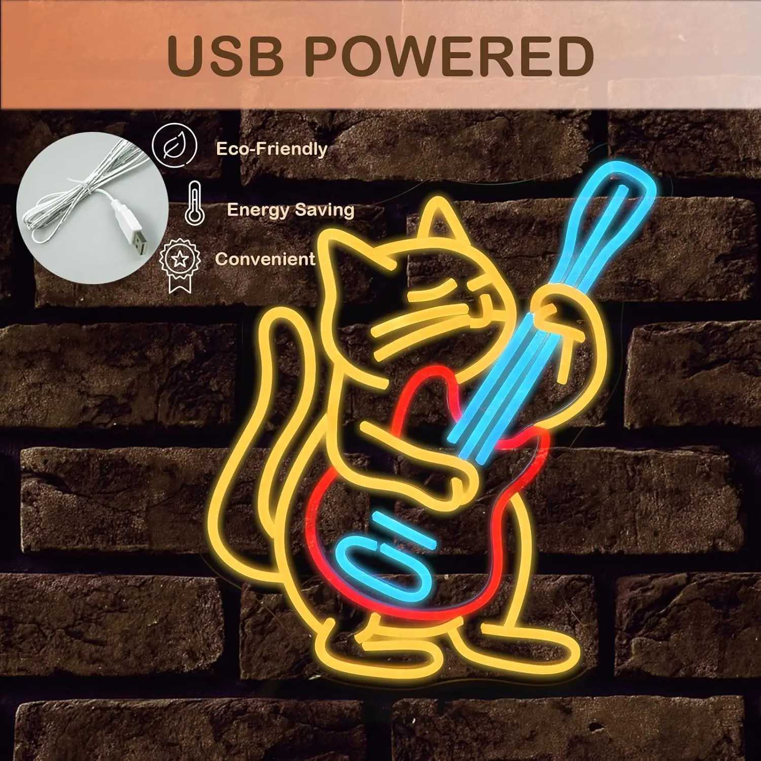 Guitar Cat USB Powered LED Neon Sign Dimmable Neon Light Wall Decor for Room Decoration Bedroom Store Music Bar Party GiftXJ250602