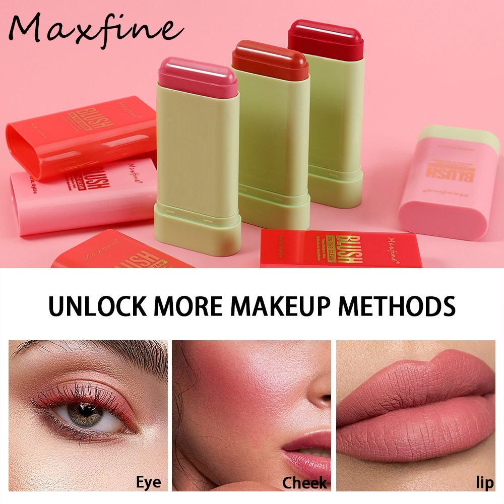 MAXFINE Multi Functional 3 Colors On The Gleam Waterproof Long Lasting Easy Color Tinted Moisture Blush Stick Mult-Stick For Lips&Cheeks