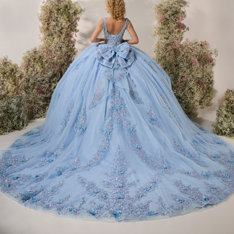 Sky Blue Quinceanera Dresses Ball Gown Off The Shoulder Applique Flower Beads Bow Tull Party Birthday Sweet 16 Dress Vestidos 15 Anos
