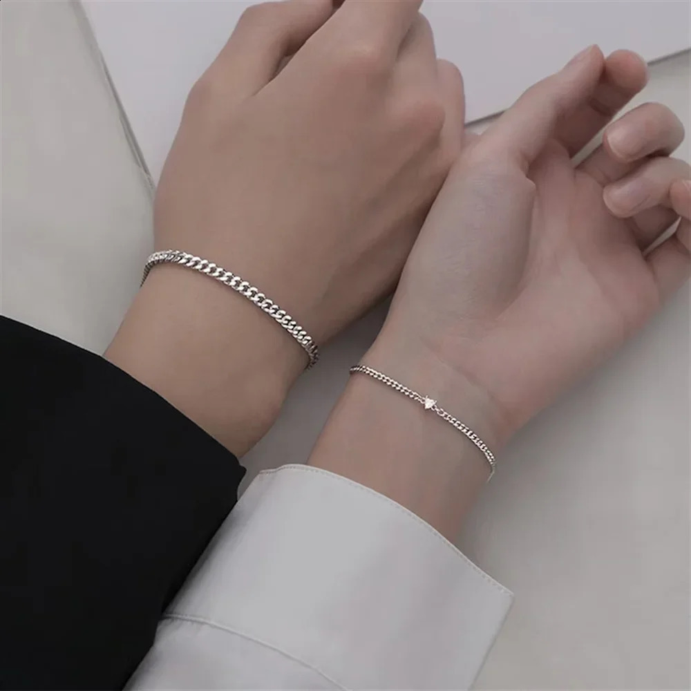 2Pcs 925 Sterling Silver Chain Bracelet Set for Women Men Simple Crystal Heart Adjustable Couple Bracelets Couple Jewelry Gifts 250528