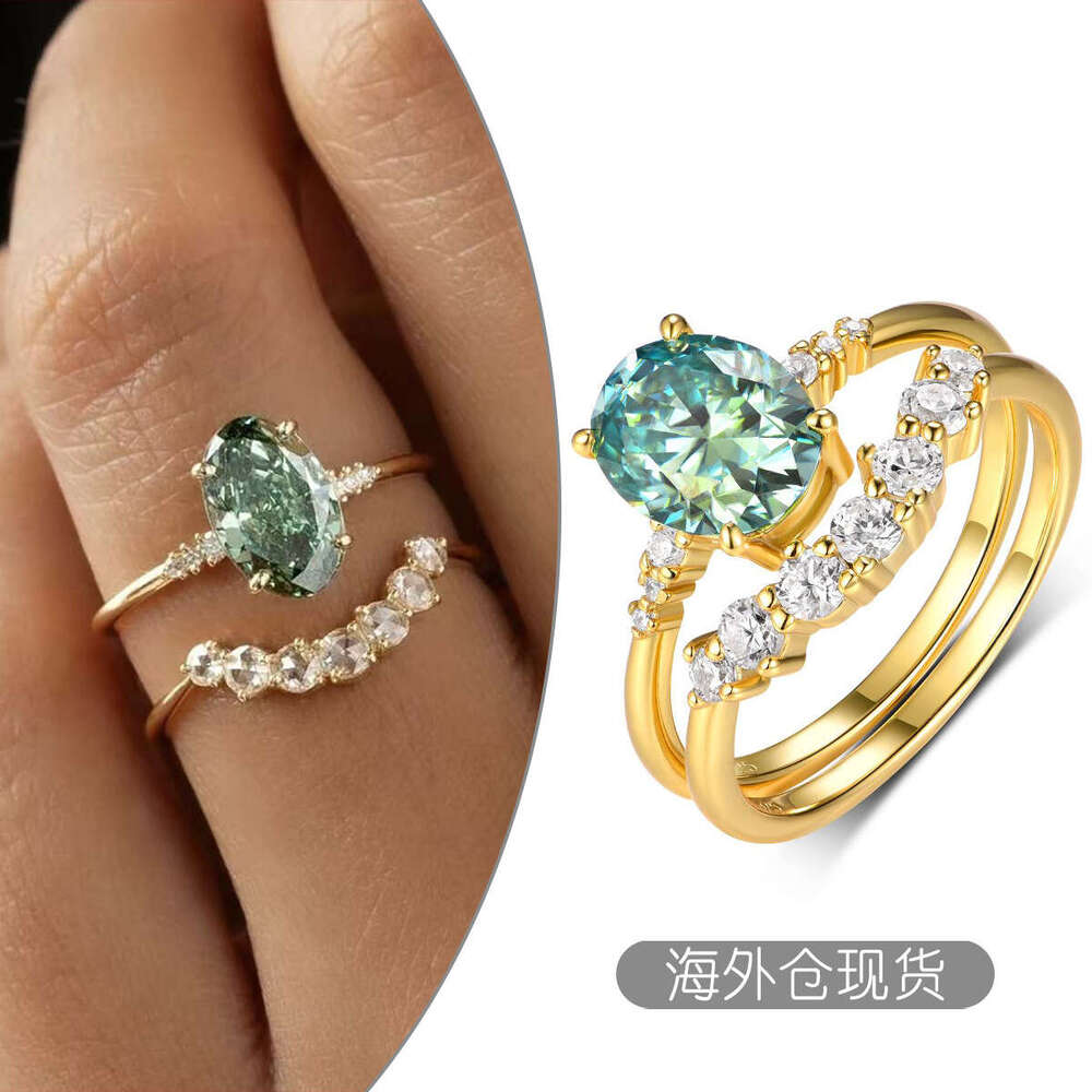S Silver Set Green Main Stone Moissanite Stacking Ring Band
