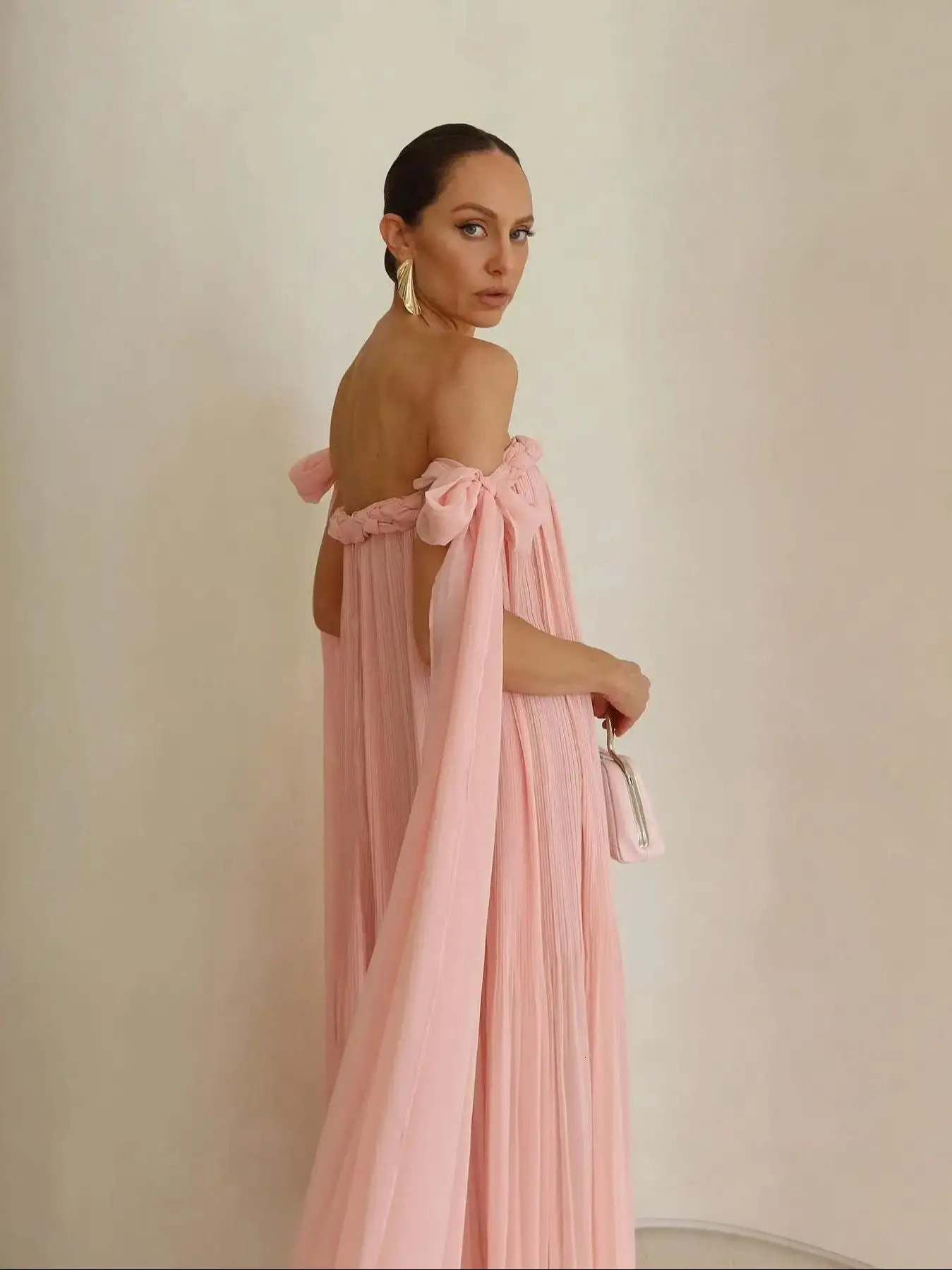 Off the Shoulder Dress Women Braid Bandage Tie Casual Pleated A-line Long Dress Summer Chic Beach Style Women Maxi Dress 250603