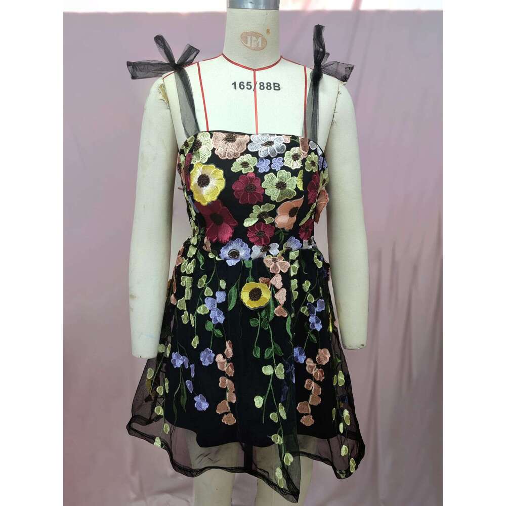 Women's Fashion 3D Flower Embroidery Bodycon Sexy Strap Dress B5