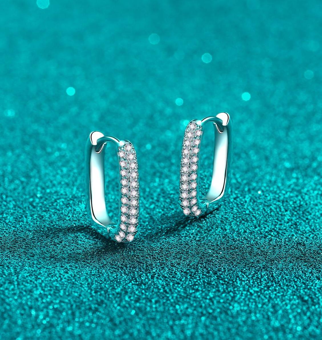 S925 sterling silver earrings with PT950 plating, featuring two rows of Moissanite stones, a sleek square hoop design for elegant, everyday wear.