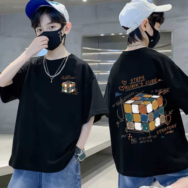 Korean Childrens Clothes 2025 Rubik Cube Graphic T Shirts Boys Summer 100% Cotton Short-sleeved T-shirt Tops Kids Clothes 7-13Y T250603