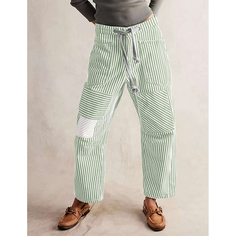 Mid-Waist Fashion Commuter Casual Loose Wide-Leg Striped Patchwork Drawstring Pocket Pants B5