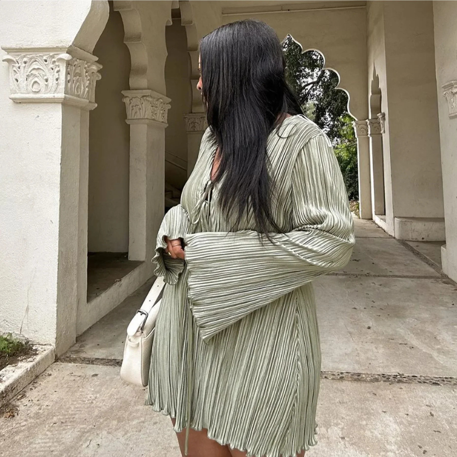 CMYAYA Long Sleeve Women Vneck Pleated Dress Casual Streetwear Plus Size Mini Dresses 2024 Autumn Slim Party 250526