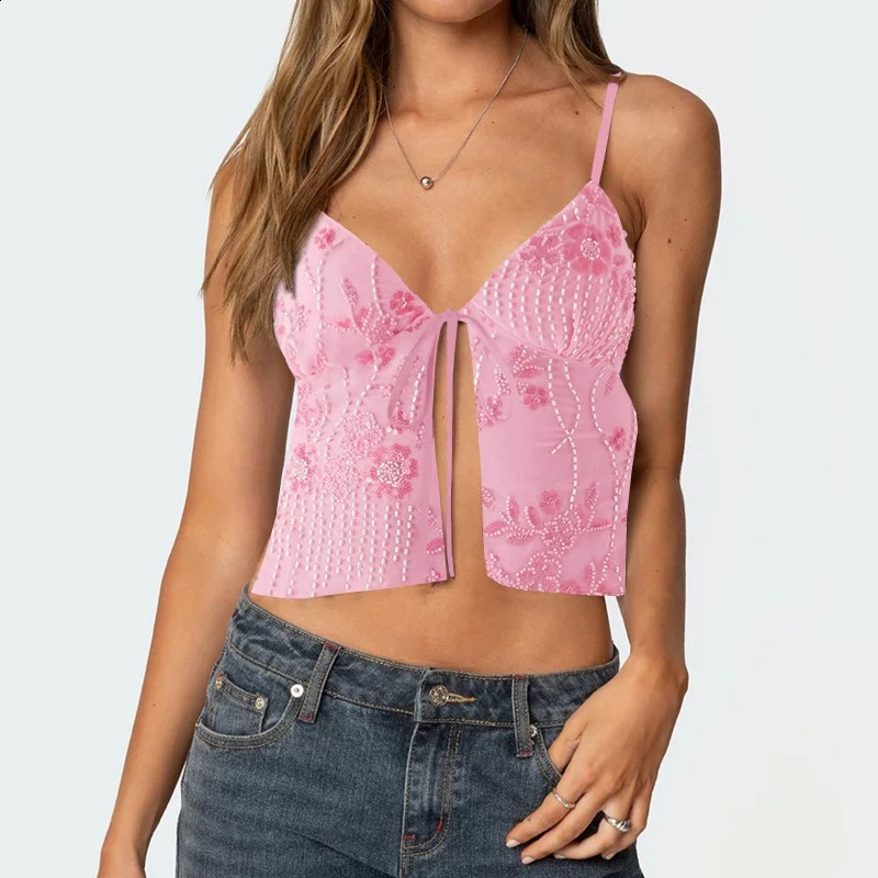 Women Y2K Sequin Cami Top Front Tie Pearl Rhinestone Sleeveless Tank Top Sparkle Glitter Backless Crop Top Party Clubwear 250529