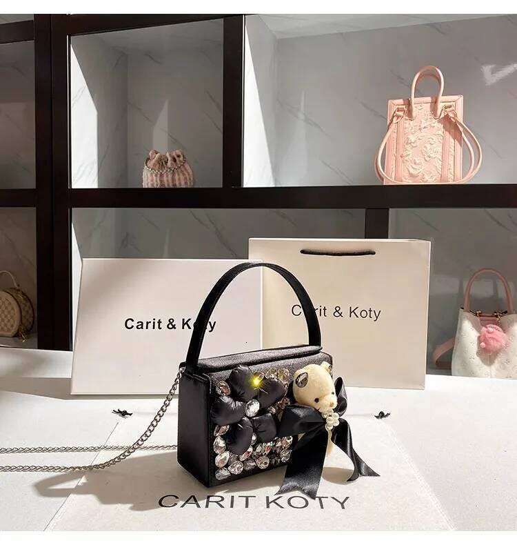 Crystal Shiny Rhinestones Dia Clutch Purse Satin Women Handbag Cute Bear Fashion Solid Floral Shoulder Crossbody Bag