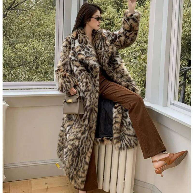 High quality Winter Animal Leopard Faux Fur Extra Long Coat Full Sleeve Warm Shaggy Jacket Loose Outerwear
