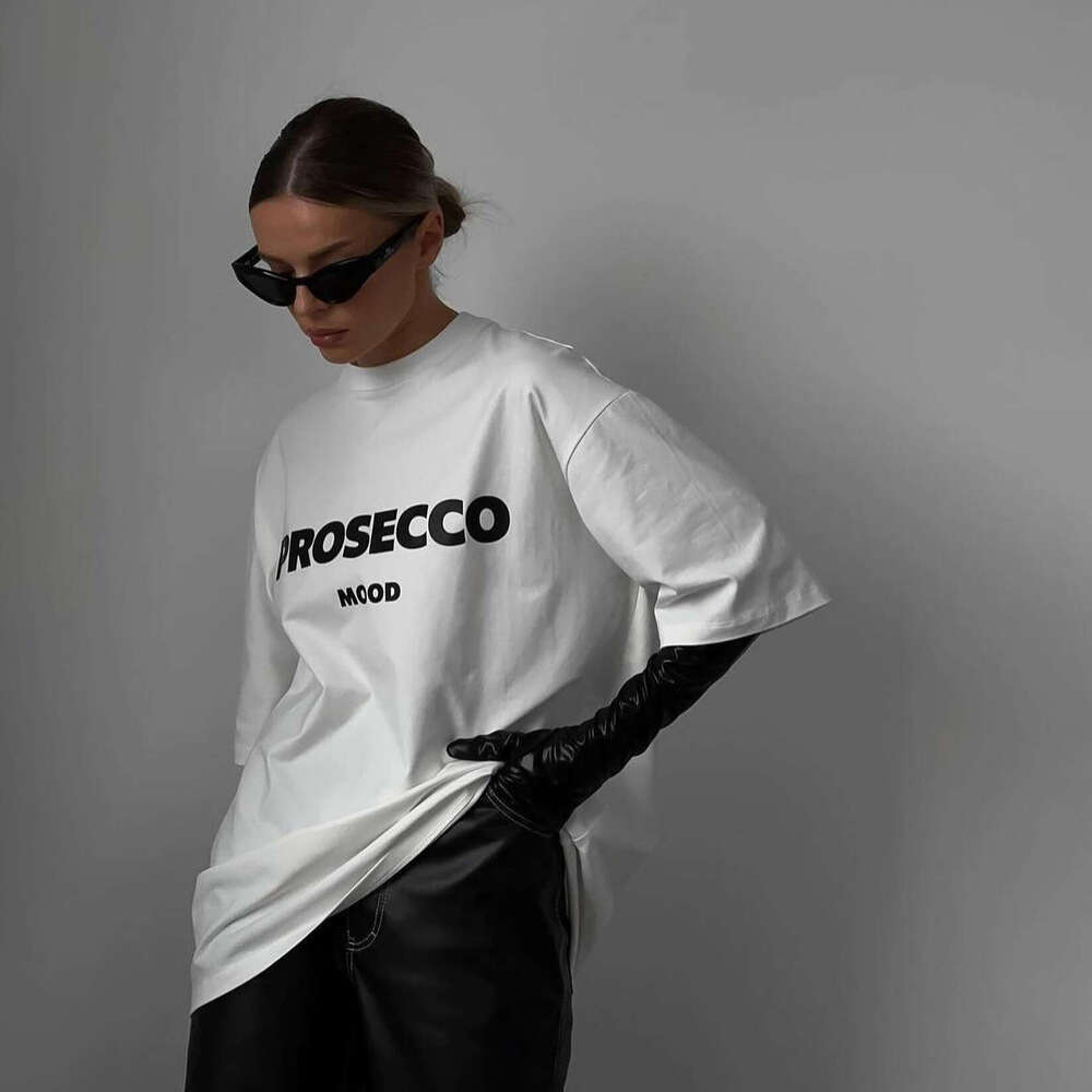 Ins Style Simple Letter Print Drop Shoulder Round Neck Pullover Top Spring Summer New Oversize Short Sleeve T-Shirt B5