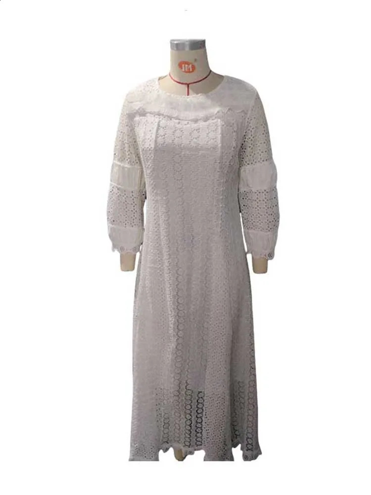 Womens White Lace Spring Dress Round Neck Vintage Beautiful Dresses Hollow Out Female Straight Gorgeous Chic 250526