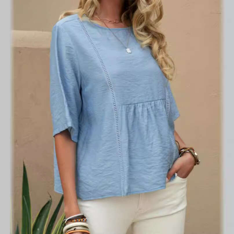 Spring Summer Temu Lace Hollow Out Women's Cotton Linen Casual Solid Color Mid-Sleeve Shirt B5 b6