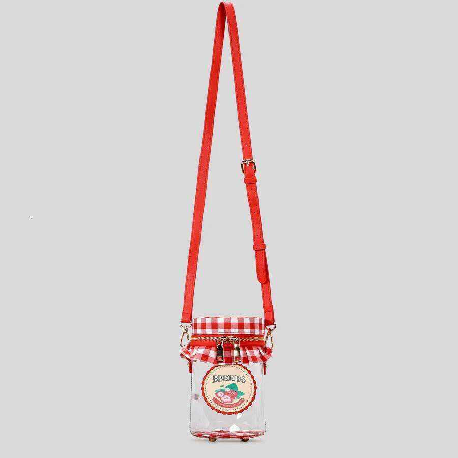 Cute sweet strawberry jam jar design crossbody bag for women funny transparent pvc shoulder bags creative novelty small purses