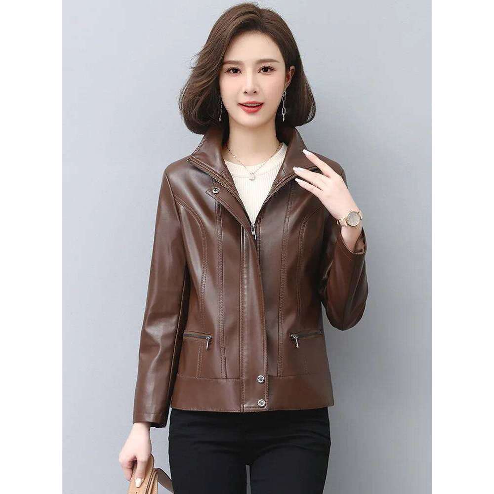 New Women Leather Jacket Autumn Winter Casual Fashion Stand Collar Plus Cotton Lining Slim Short Sheepskin Coat Spring Outerwear