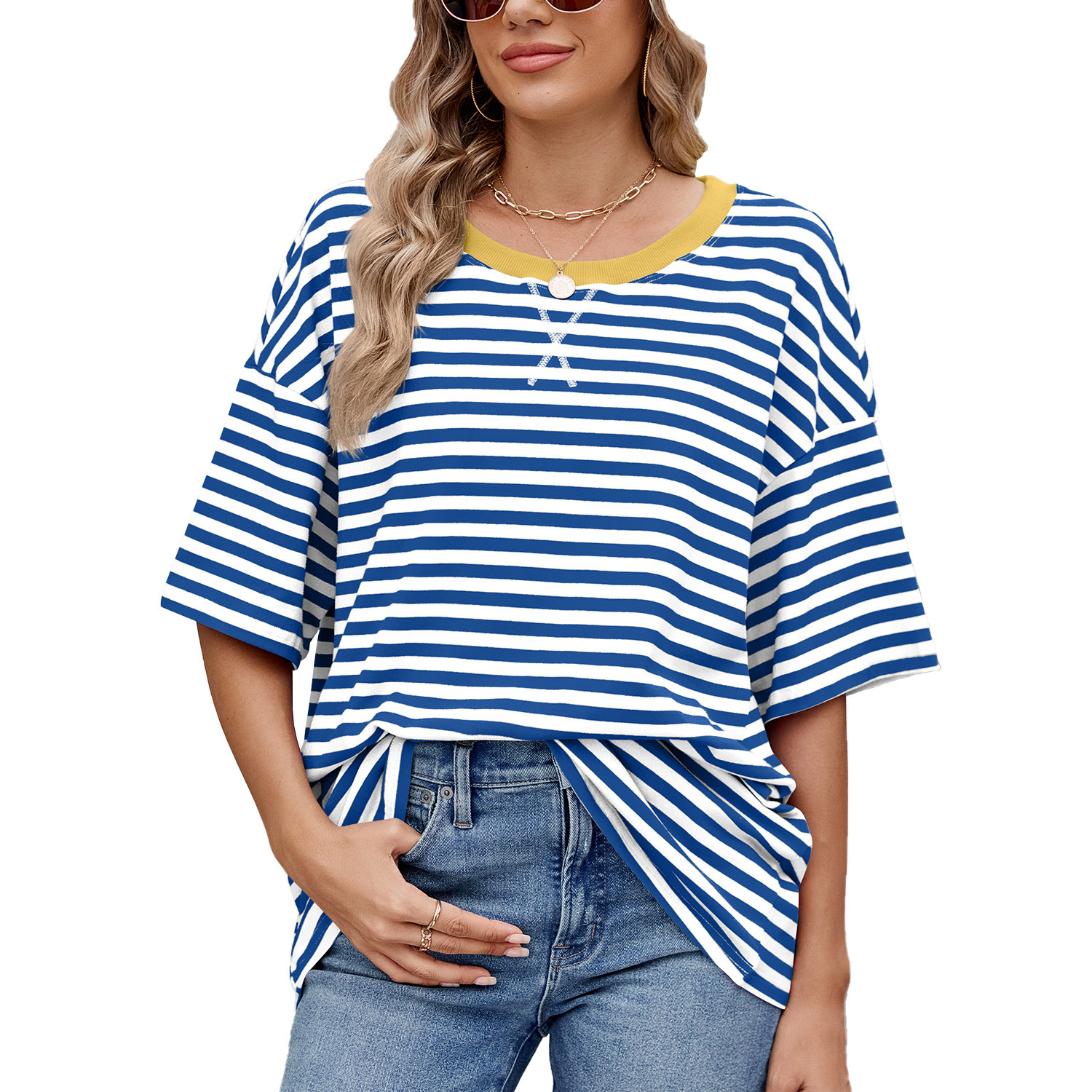 Luxury Designer Clothing, Fashionable Striped Color Block Loose Short Sleeved Women's T-shirt Top In Stock 2025 New Designer Short Sleeved Shirt