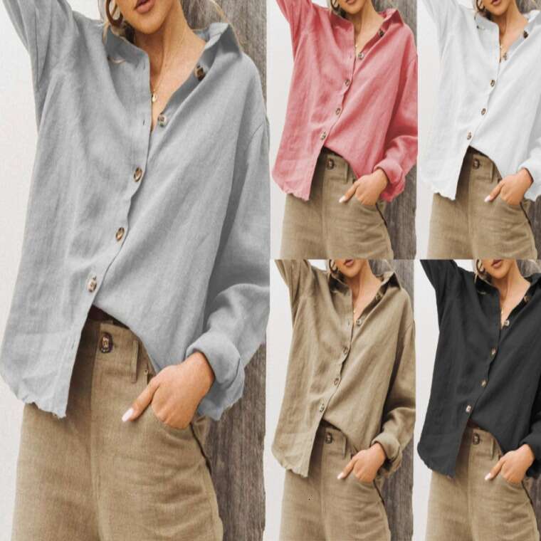 Autumn Winter Fashion Turn-Down Collar Long Sleeve Cotton Linen Loose Women's Shirt B5