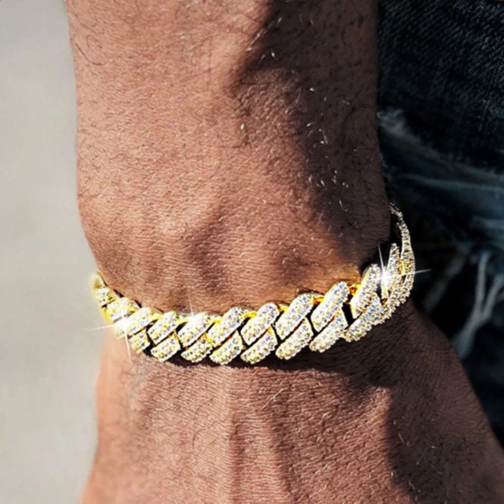 14MM Prong Cuban Link Chain Bracelets Iced Out 2 Row Rhinestone Paved Rhombus Cuban Chain Bracelets Hip Hop Jewelry Wholesale 250530