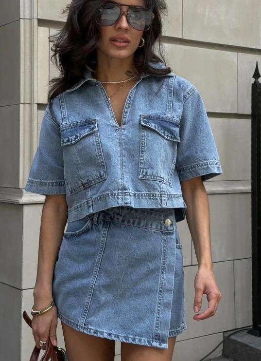 Workwear Denim Suit Skirt Pants V-Neck Short Sleeve Top Summer Women Hot Girl High Waist Irregular B5