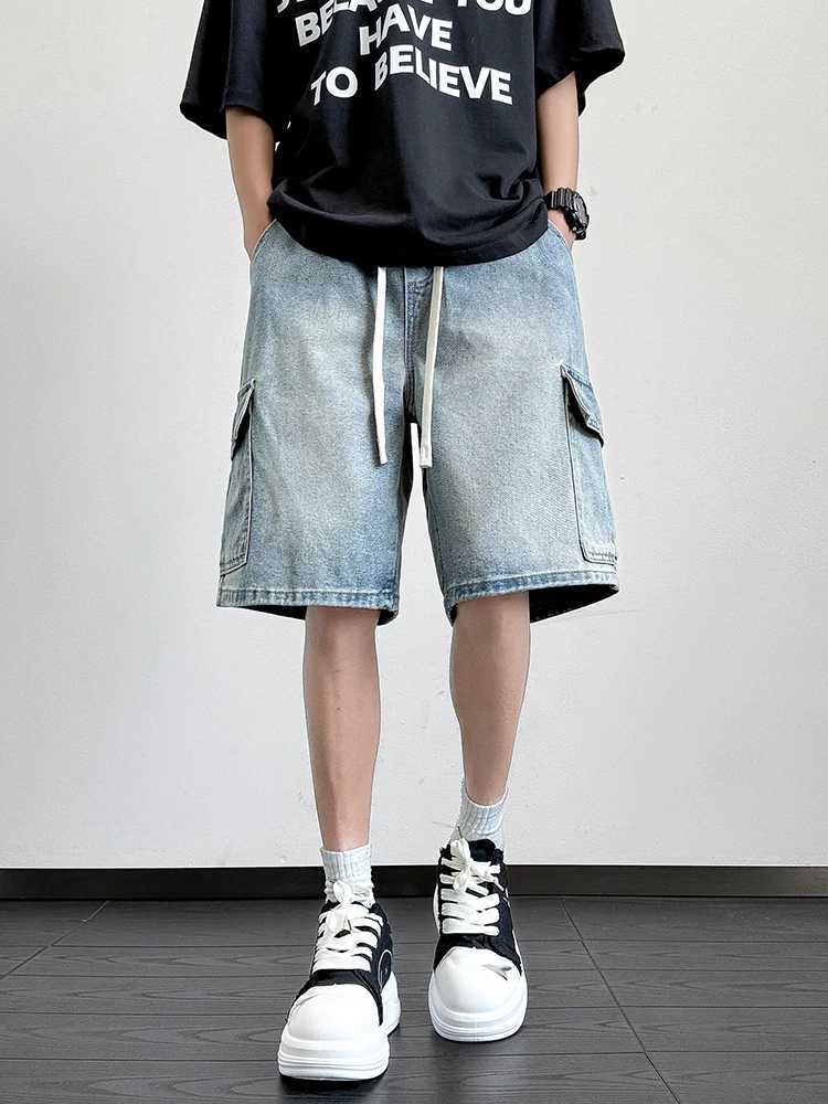 Summer Denim Shorts Men Korean Fashion Wide Leg Straight Jean Shorts Male Multi-Pocket Loose Fit Denim Cargo Shorts T250603